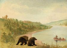 Catlin and His Men in Their Canoe, Urgently Solicited to Come Ashore, Upper Missouri, 1846-1848. Creator: George Catlin