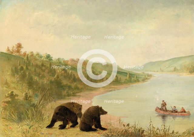 Catlin and His Men in Their Canoe, Urgently Solicited to Come Ashore, Upper Missouri, 1846-1848. Creator: George Catlin.