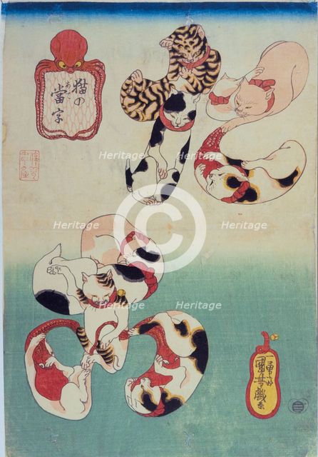 Cats forming the caracters for Octopus, from the series Cat Homophones (Neko no Ateji), ca 1842.