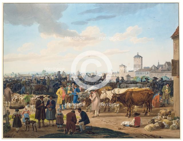 Cattle market on the outskirts of a town, c1802. Creator: Wilhelm von Kobell.