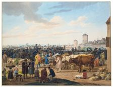 Cattle market on the outskirts of a town, c1802. Creator: Wilhelm von Kobell