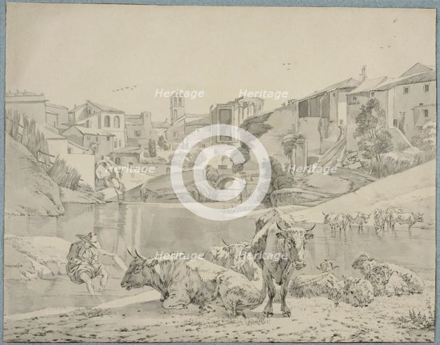 Cattle on the river Aniene in Tivoli. Creator: Willem Romeyn.