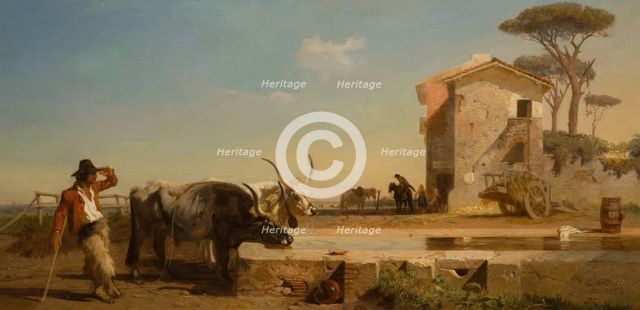 Cattle At A Drinking Place In The Campagna, Rome, 1854. Creator: George Heming Mason.