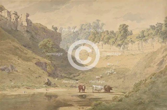 Cattle at a Watering Hole in a Valley, 1830-86. Creator: John Henry Mole.