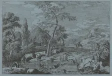 Cattle and Figures at a Farmyard Stream. Creator: Marco Ricci