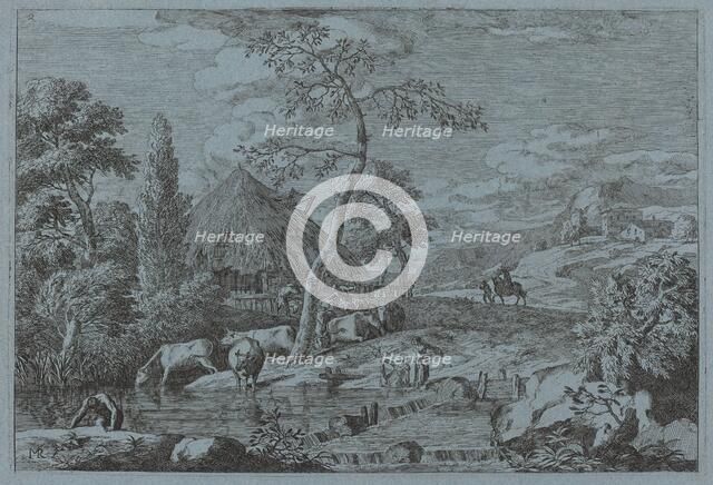 Cattle and Figures at a Farmyard Stream. Creator: Marco Ricci.
