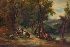 Cattle and Figures in Wooded Valley with Stream 1860, (1938). Artist: Alfred Vickers