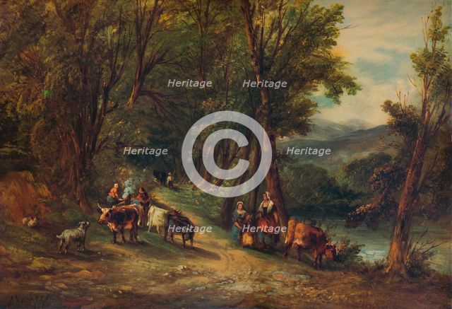 'Cattle and Figures in Wooded Valley with Stream', 1860, (1938). Artist: Alfred Vickers.