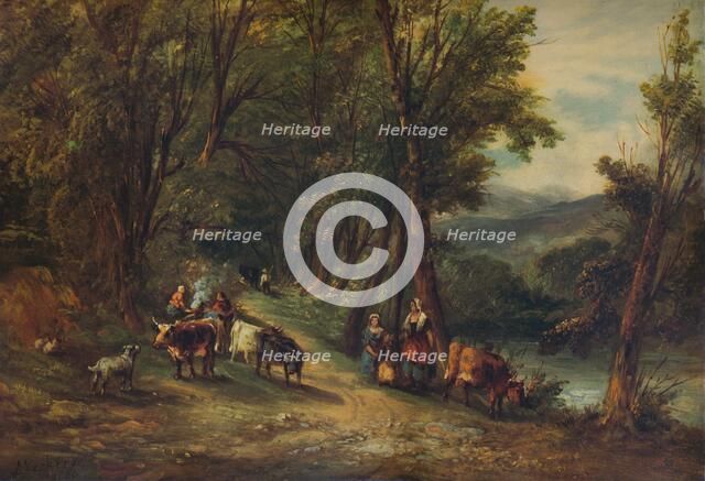 'Cattle and Figures in Wooded Valley with Stream', 1860, (1938). Artist: Alfred Vickers.