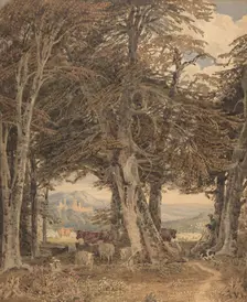 Cattle and Sheep at Resting at the Edge of a Forest, ca. 1840. Creator: George Barret the Younger