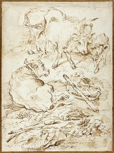 Cattle Beside Cart Wheel, 1640/55. Creator: Giovanni Francesco Castiglione