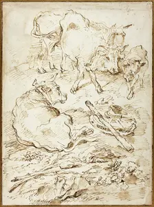 Cattle Beside Cart Wheel, 1640/55. Creator: Giovanni Francesco Castiglione