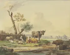 Cattle grazing by a fence, two pigs on the right, late 18th century. Creator: Pieter Gerardus van Os