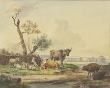 Cattle grazing by a fence, two pigs on the right, late 18th century. Creator: Pieter Gerardus van Os