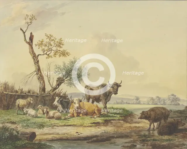 Cattle grazing by a fence, two pigs on the right, late 18th century. Creator: Pieter Gerardus van Os.