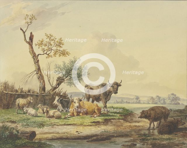 Cattle grazing by a fence, two pigs on the right, late 18th century. Creator: Pieter Gerardus van Os.