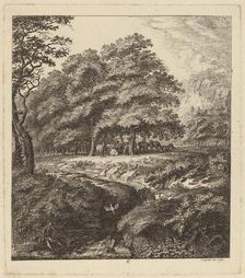 Cattle Resting in a Grove with a Man Seated beside a Brook, 1764. Creator: Salomon Gessner