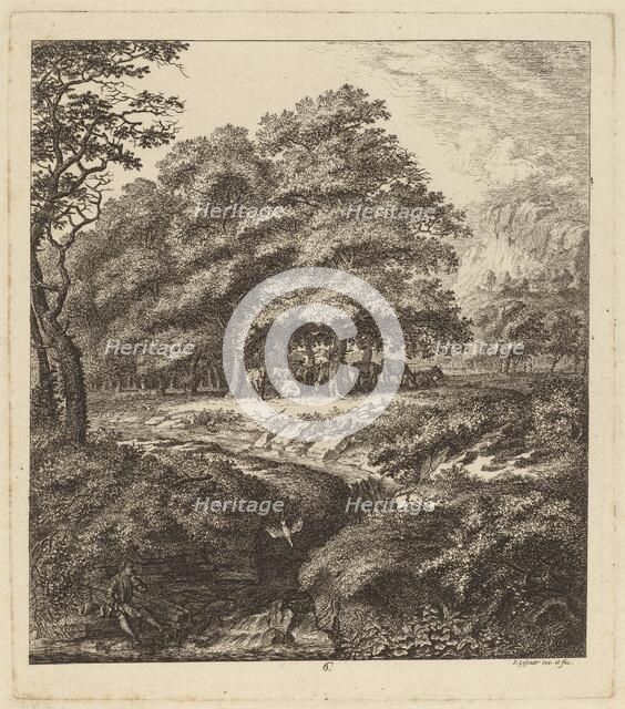 Cattle Resting in a Grove with a Man Seated beside a Brook, 1764. Creator: Salomon Gessner.
