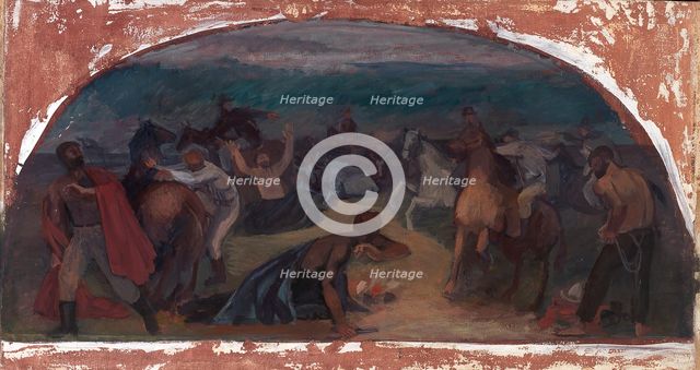 Cattle Thieves Surprised by Posse (mural study, Burns, Oregon Post Office), 1941. Creator: Jack Wilkinson.