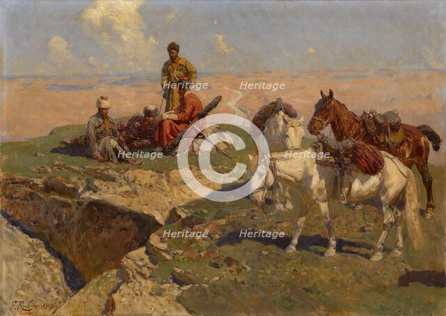 Caucasian Riders at Rest, 1917. Artist: Roubaud, Franz (1856-1928)
