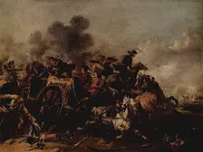 Cavalry attack on a wagon, 1730-1760. Creator: August Querfurt