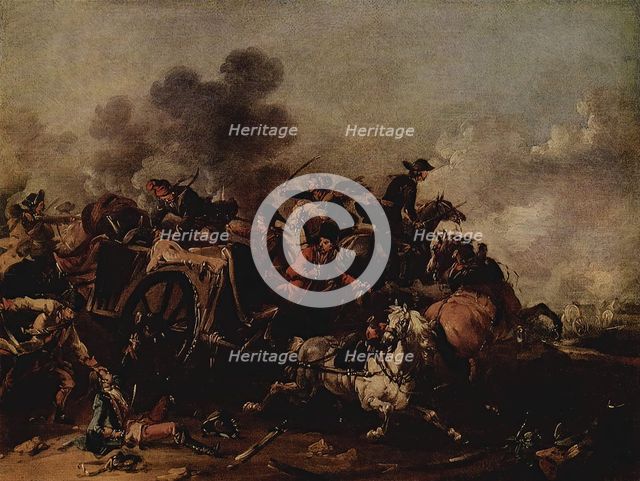 Cavalry attack on a wagon, 1730-1760. Creator: August Querfurt.