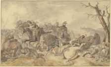 Cavalry charge against infantry, a dying drummer on the right, late 18th century. Creator: Georg Friedrich Hoch