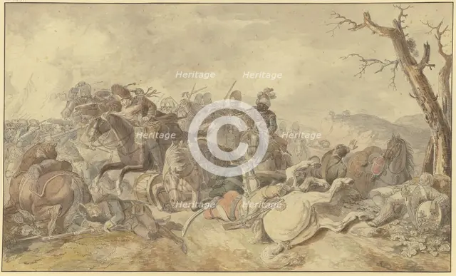 Cavalry charge against infantry, a dying drummer on the right, late 18th century. Creator: Georg Friedrich Hoch.