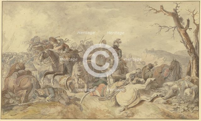 Cavalry charge against infantry, a dying drummer on the right, late 18th century. Creator: Georg Friedrich Hoch.