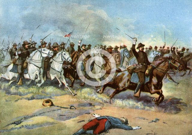 Cavalry charge by US regulars, Spanish-American War, 1898. Artist: Unknown