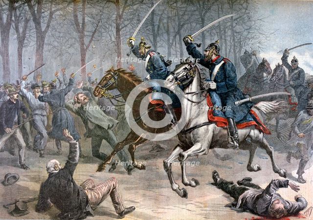 Cavalry charge, German riots in Leipzig, 1892.  Artist: Henri Meyer