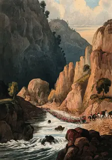 Cavalry marching through a mountain river, Afghanistan. Creator: Unknown