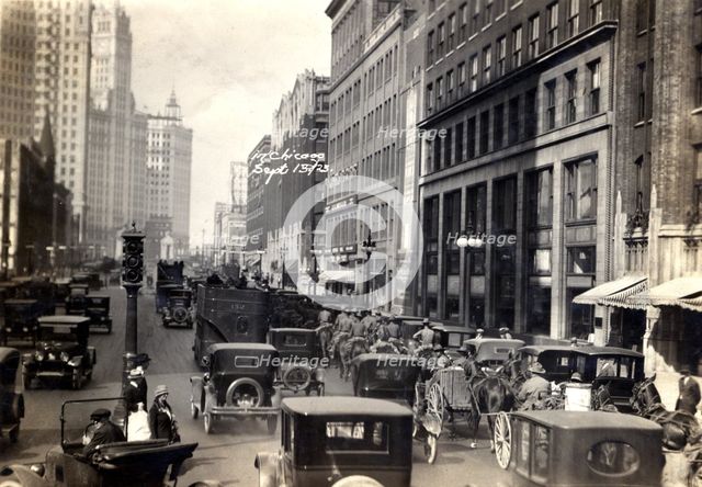 Cavalry on Michigan Avenue in Chicago, Illinois, USA, 1923. Artist: Unknown