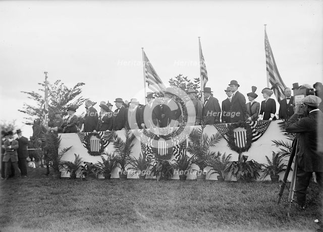 Cavalry Review By President Wilson - Seen In Stand: President Wilson; General Wood; Col..., 1913. Creator: Harris & Ewing.