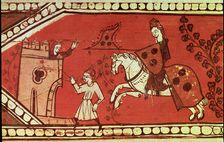 Cavalry scene with a herald and a lady. Ending of a carved wooden and polychromed beam from a cei…