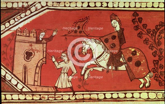 Cavalry scene with a herald and a lady. Ending of a carved wooden and polychromed beam from a cei…