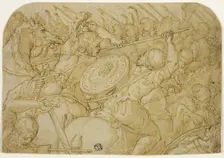 Cavalry Skirmish (recto); Architectural Sketch (verso), 1558/59. Creator: Giorgio Vasari