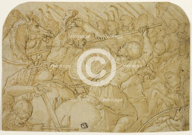 Cavalry Skirmish (recto); Architectural Sketch (verso), 1558/59. Creator: Giorgio Vasari.