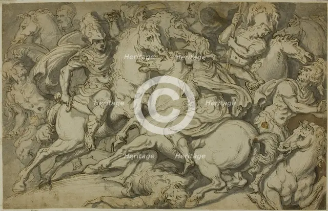 Cavalry Skirmish (recto); Kneeling Ecorché (verso), 1530/39. Creator: Francesco Salviati.