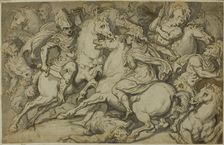 Cavalry Skirmish (recto); Kneeling Ecorché (verso), 1530/39. Creator: Francesco Salviati