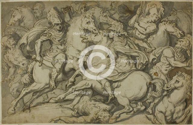 Cavalry Skirmish (recto); Kneeling Ecorché (verso), 1530/39. Creator: Francesco Salviati.