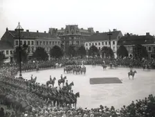 Cavalrymen parade in Town Hall Square before leaving for Malmo, Landskrona, Sweden, 1926. Creator: Unknown