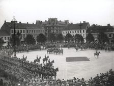 Cavalrymen parade in Town Hall Square before leaving for Malmo, Landskrona, Sweden, 1926