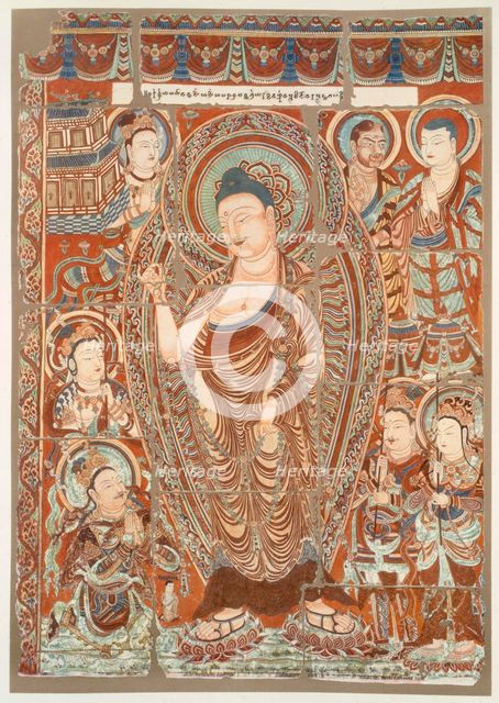 Cave painting showing the worship of the Buddha Simha, pub.  C1913. Creator: German School (20th Century).