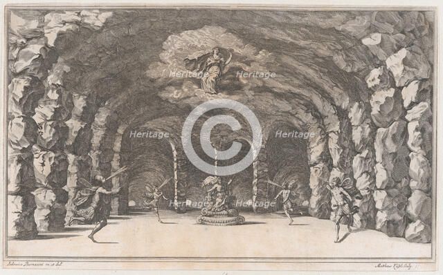 Cavern of Aeolus; a cave with wind gods blowing on either side of Aeolus who sits enthrone..., 1668. Creator: Mathäus Küsel.