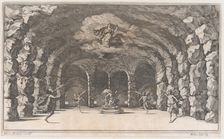 Cavern of Aeolus; a cave with wind gods blowing on either side of Aeolus who sits enthrone..., 1668. Creator: Mathäus Küsel