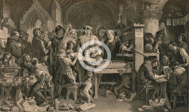 Caxton showing the first specimen of his printing to King Edward IV at Westminster, c1477 (1905). Artist: Unknown.