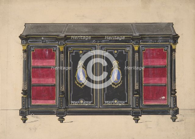 Cabinet Design with Porcelain Plaques and Red Interior, 19th century. Creator: Anon.