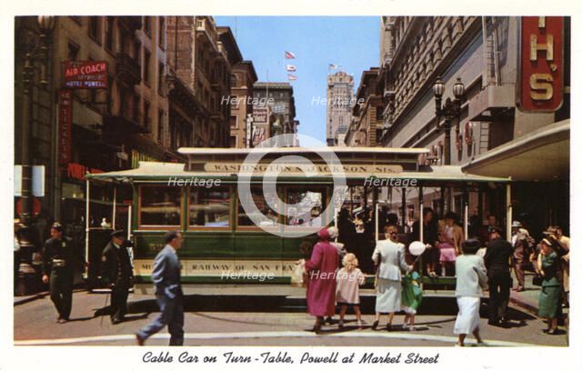 Cable car on a turntable, Powell at Market Street, San Francisco, California, USA, 1957. Artist: Unknown