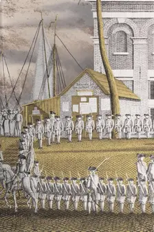 Cadets Formed into Line in front of the Zeerecht Building on the Slijpsteenmarkt, Amsterdam, 1796. Creator: Jonas Zeuner